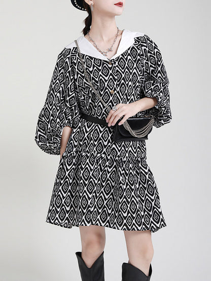 Stylish Printed Buttoned Pleated Falbala Lapel Collar Bishop Sleeves Mini Dress