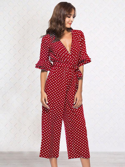 Printed Belted V-neck Half Sleeves Jumpsuit