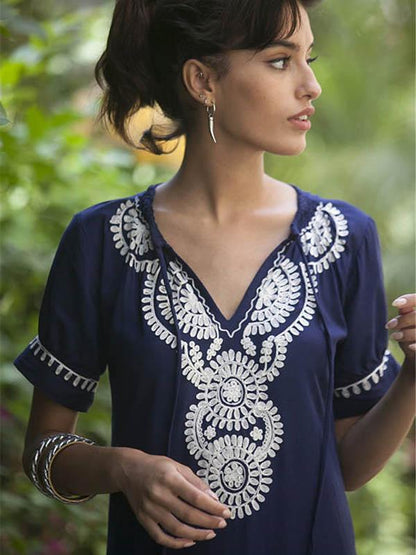 Navy Blue Floral Short Sleeves Maxi Dress Cover-Ups