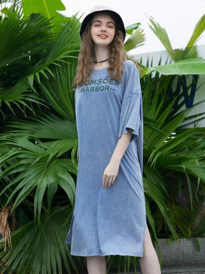 Solid Letter Printed Cotton Loose Split-side Midi Dress