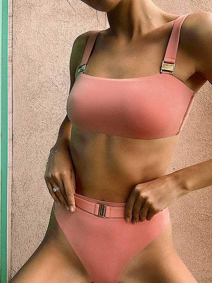 Solid Color Metal Buckle Bikini Swimsuit