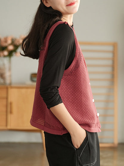 Simple Solid Color Buttoned V-Neck Hollow Vest Tops
