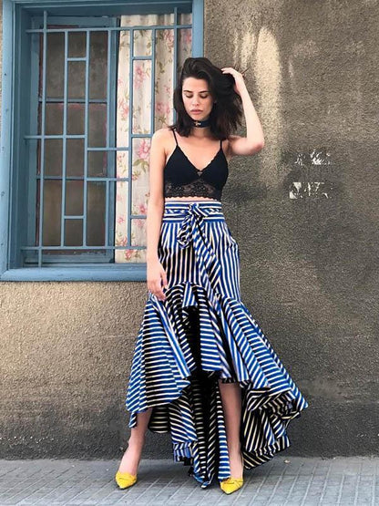 Bandage Striped Falbala Fishtail Skirt Bottoms