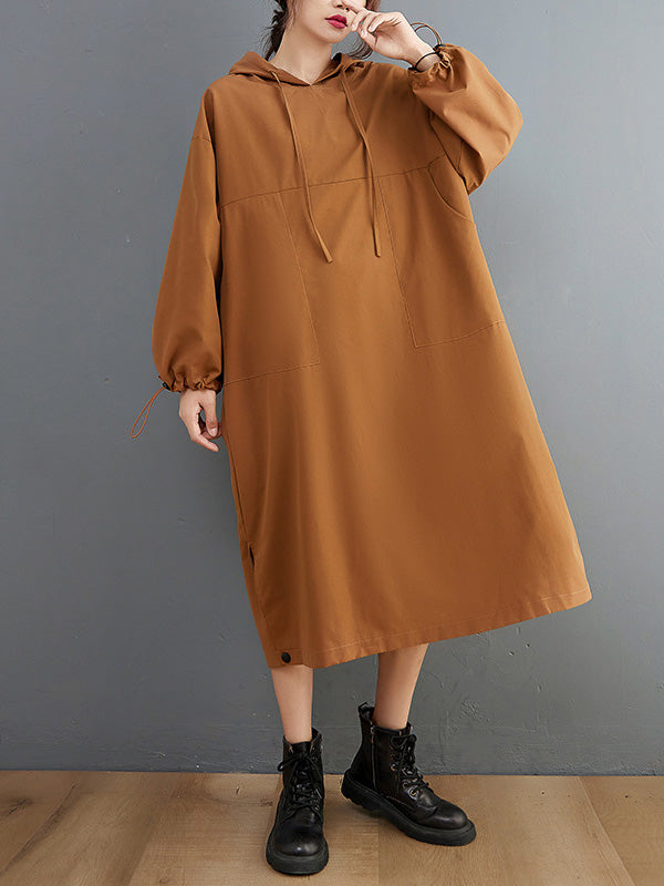 Casual Split-Side Solid Color Hooded Drawstring Long Sleeves Midi Dress