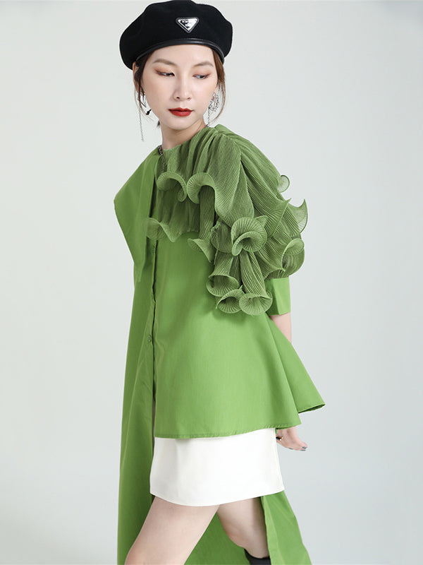 Stylish Irregular 4 Colors Split-Joint Pleated Mesh Falbala Buttoned Lapel Collar Bishop Sleeves Blouse