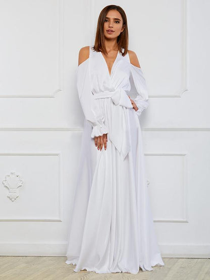 Bohemia V-Neck Long sleeves Off shoulder Split-side Maxi Dress