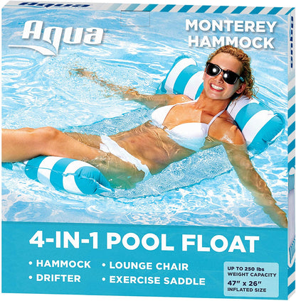 4-in-1 Monterey Hammock Inflatable Pool Float, Multi-Purpose Pool Hammock (Saddle, Lounge Chair, Hammock, Drifter) Pool Chair, Portable Water Hammock, Navy/White Stripe