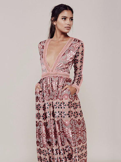 Bohemia Chiffon Lace Deep V-Neck Long Sleeves Floral Print Maxi Dress