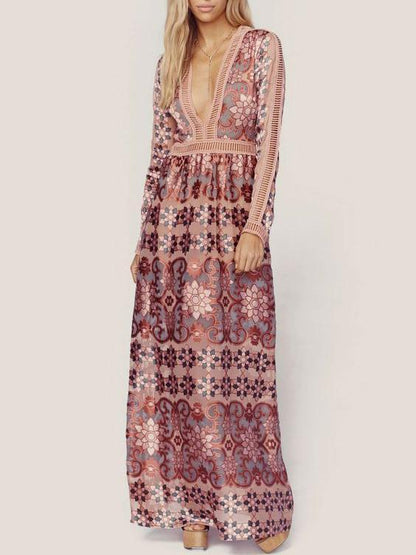 Bohemia Chiffon Lace Deep V-Neck Long Sleeves Floral Print Maxi Dress