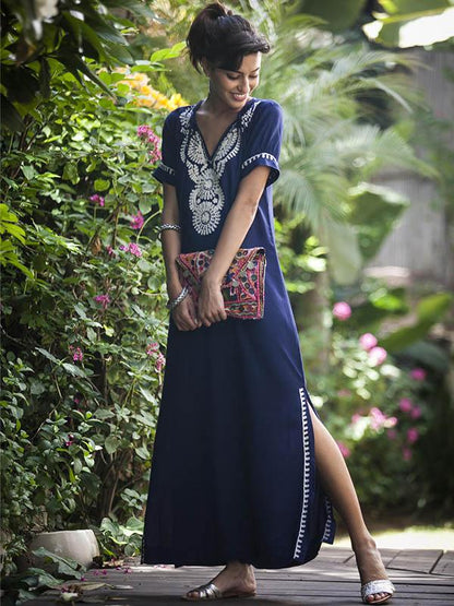 Navy Blue Floral Short Sleeves Maxi Dress Cover-Ups