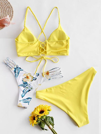 Solid Color & Floral-Print Three-Piece Split Bikini Swimsuit