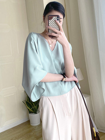 Chic Simple Solid Color Split-Joint V-Neck Batwing Sleeves T-Shirt