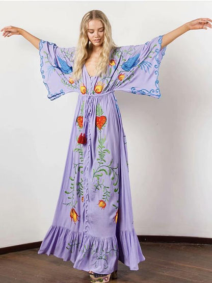 Bohemia Retro Embroidered Falbala Maxi Dress