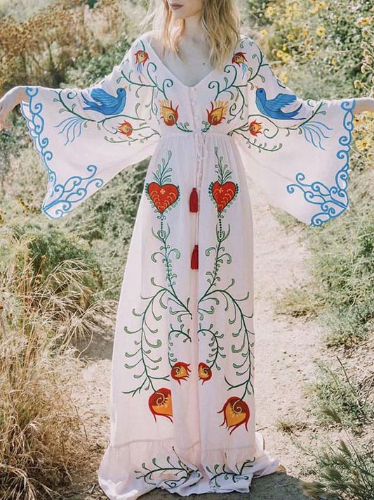 Bohemia Retro Embroidered Falbala Maxi Dress