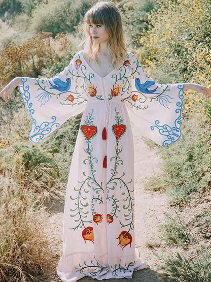 Bohemia Retro Embroidered Falbala Maxi Dress