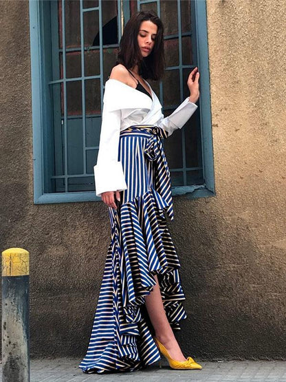 Bandage Striped Falbala Fishtail Skirt Bottoms
