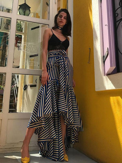 Bandage Striped Falbala Fishtail Skirt Bottoms