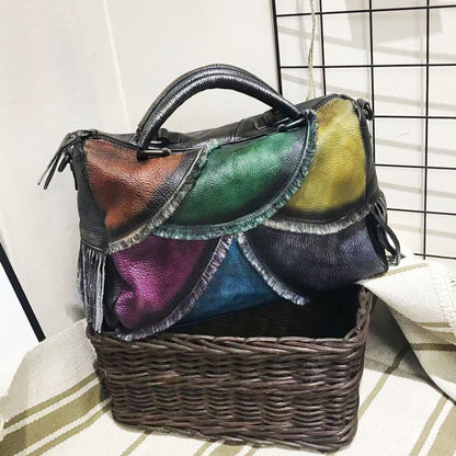 Hand-tinted leather women's bag with leather slant satchel