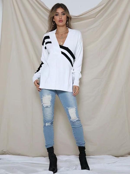 Fashion Knitting V-neck Irregular Long Sleeves Sweater Tops