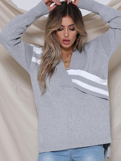 Fashion Knitting V-neck Irregular Long Sleeves Sweater Tops