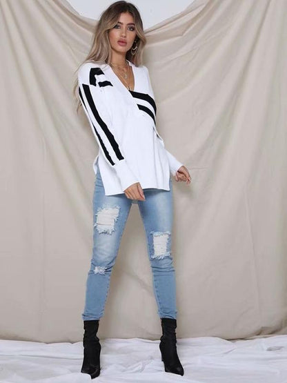Fashion Knitting V-neck Irregular Long Sleeves Sweater Tops