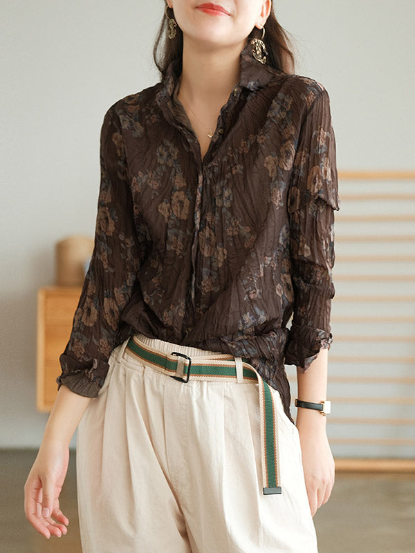 Vintage Printed Buttoned Pleated Lapel Long Sleeves Blouse Tops