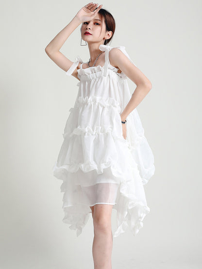Stylish Cropped Pleated Split-Joint Bandage Spaghetti-Neck Midi Dress