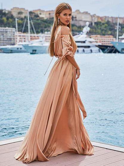 Bohemia V-Neck Long sleeves Off shoulder Split-side Maxi Dress