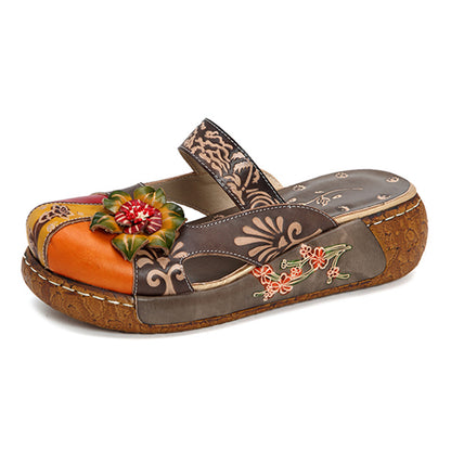 Hand-printed retro flat-soled sandals