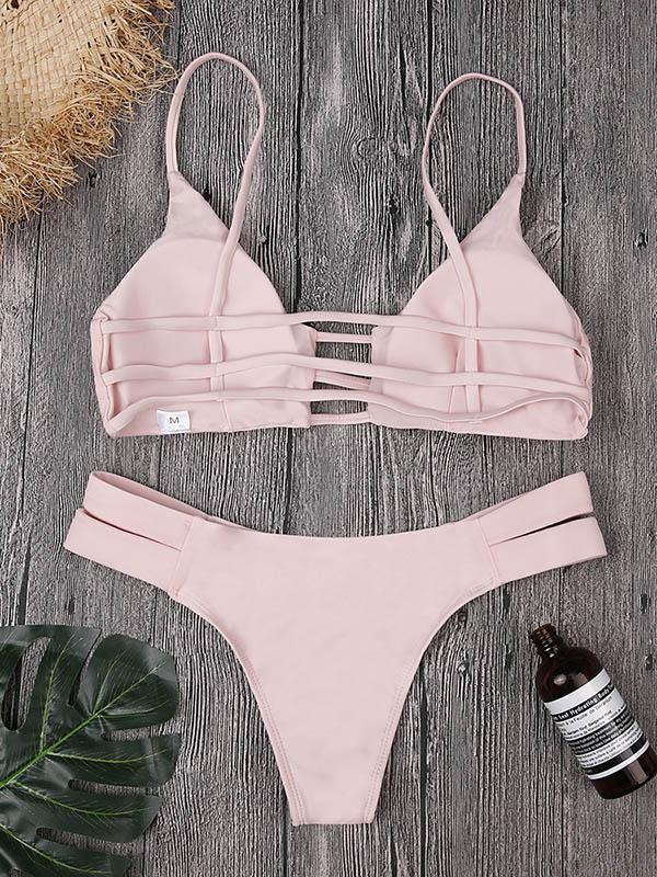 Solid Color Hollow Split Bikini Swimsuit