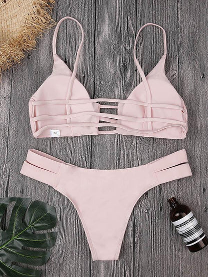 Solid Color Hollow Split Bikini Swimsuit