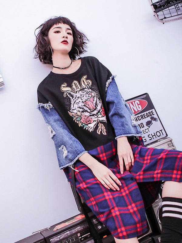 Stylish Jean Splicing Hip-Hop Printed Plaid False Two Dress
