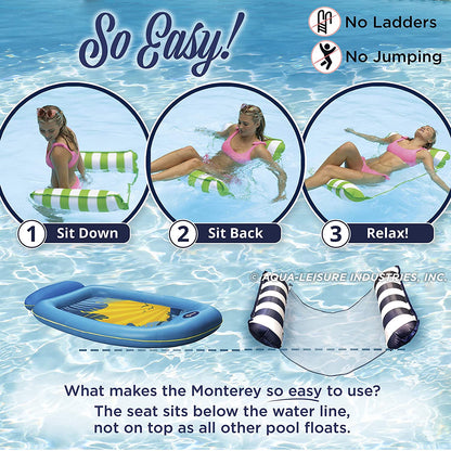 4-in-1 Monterey Hammock Inflatable Pool Float, Multi-Purpose Pool Hammock (Saddle, Lounge Chair, Hammock, Drifter) Pool Chair, Portable Water Hammock, Navy/White Stripe