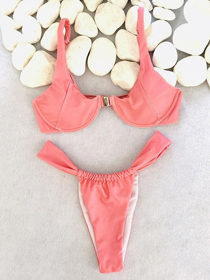 Solid Color Underwired Split Bikini Swimsuit