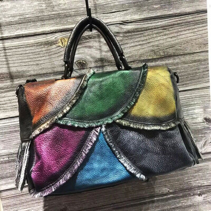 Hand-tinted leather women's bag with leather slant satchel