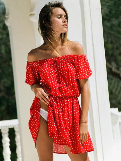 Fashion Floral Printed Off-the-shoulder Short Sleeves Mini Dress
