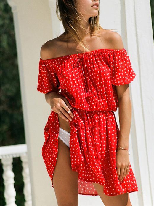 Fashion Floral Printed Off-the-shoulder Short Sleeves Mini Dress