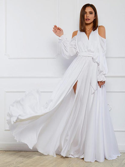 Bohemia V-Neck Long sleeves Off shoulder Split-side Maxi Dress