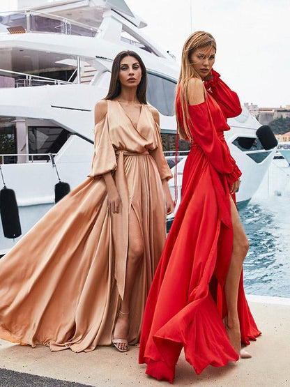 Bohemia V-Neck Long sleeves Off shoulder Split-side Maxi Dress