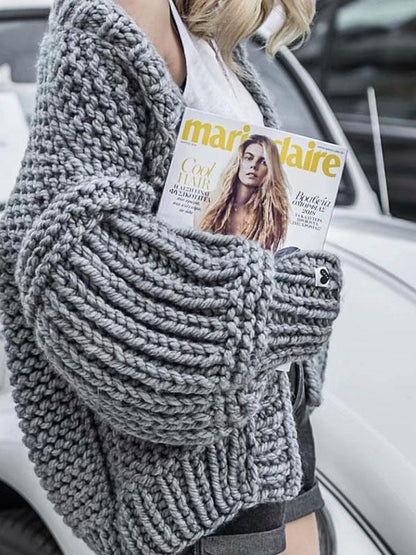 Fashion Knitting Solid Color Long Puff Sleeves Sweater