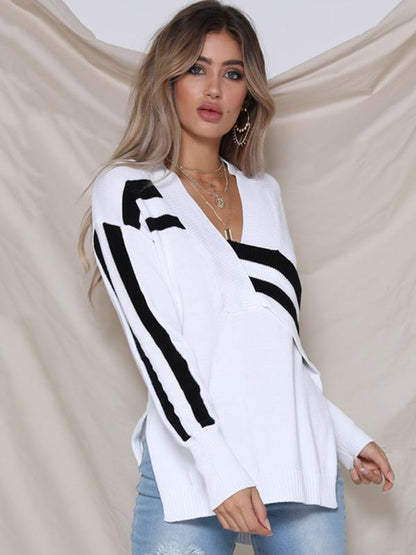 Fashion Knitting V-neck Irregular Long Sleeves Sweater Tops
