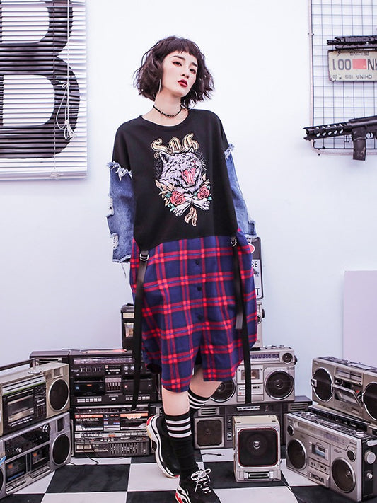 Stylish Jean Splicing Hip-Hop Printed Plaid False Two Dress