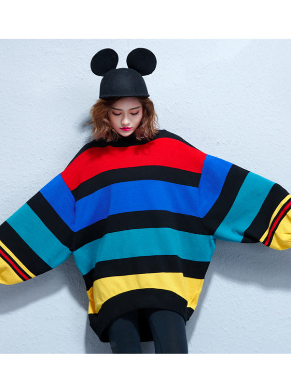 Loose Colorful Striped Batwing Sleeves Sweater