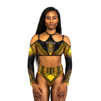 National long-sleeve print high-waisted BIKINI SWIMSUIT