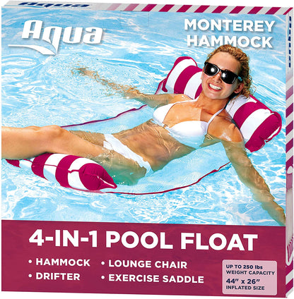 4-in-1 Monterey Hammock Inflatable Pool Float, Multi-Purpose Pool Hammock (Saddle, Lounge Chair, Hammock, Drifter) Pool Chair, Portable Water Hammock, Navy/White Stripe