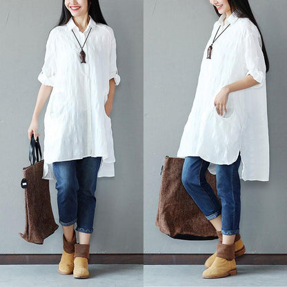 Spring Women Cotton Linen Loose White Shirt