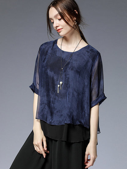 Artistic Retro Mulberry Silk Loose Printed Round-Neck Half Sleeves T-Shirt Tops