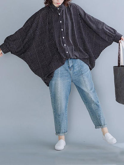 Loose Batwing Sleeves Striped Blouse