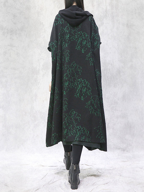 Vintage Loose Irregular Floral Printed Hooded Outwear