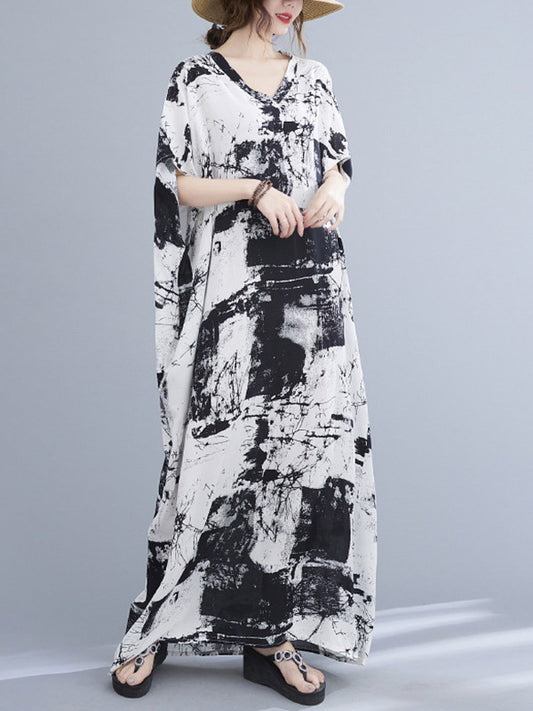 Original Ink-Printing V-Neck H-Line Maxi Dress